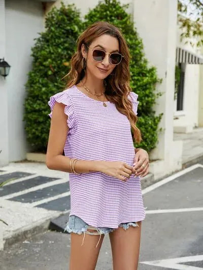 Plaid Ruffled Round Neck Cap Sleeve T-Shirt Lilac Women's T-Shirts - Tophatter Daily Deals